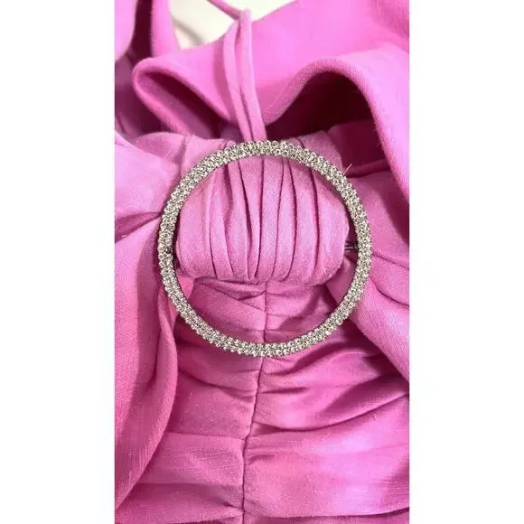 RASARIO Bow Embellished Draped Off the Shoulder Pink Linen Mini Dress Size 2 - Picture 10 of 13